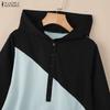 ZANZEA Damen Lässig V-Ausschnitt Locker Langarm Patchwork Kapuzenpullover Bluse