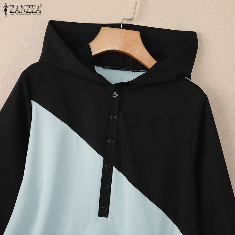 ZANZEA Damen Lässig V-Ausschnitt Locker Langarm Patchwork Kapuzenpullover Bluse