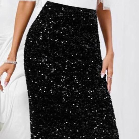 Women Skirt High Waist Solid Color Sequin Decoration Slimming Leg Shape Midi Skirt Work Party Daily Wear