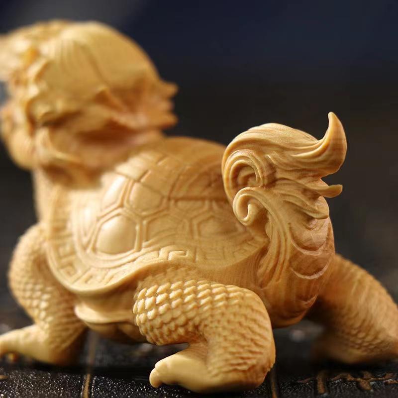Cypress Dragon Turtle Sculptures and Figurines Chinese Mascot Solid Wood Carving Home Room Office Wealth Luck Feng Shui Decor