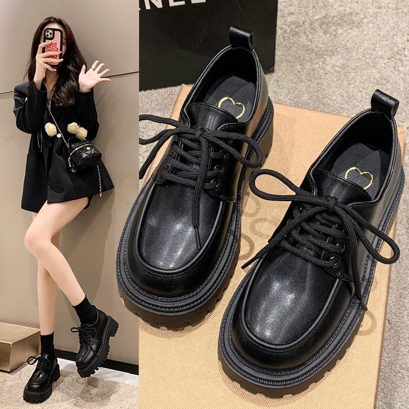 Small Leather Shoes Women's New Autumn Shoes Platform Lace-up Round Head Single Shoes Spring and Autumn Retro