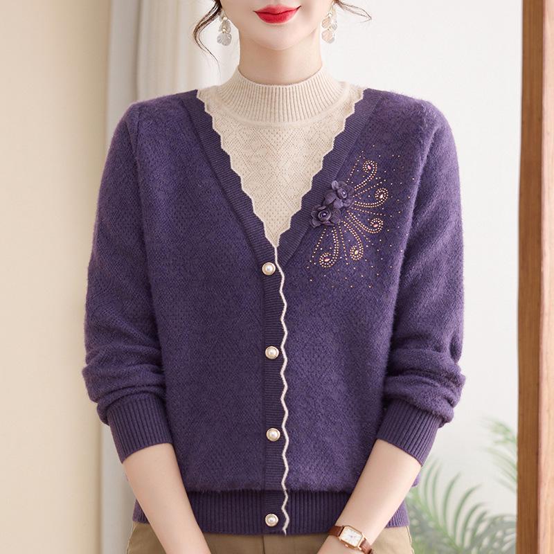 

Mom s Autumn Faux Two-Piece Fleece Sweater for Middle-Aged & Elderly Women - Plus Velvet Warm Inner Layer for Fall/Winter 3XL [60-65 kg]