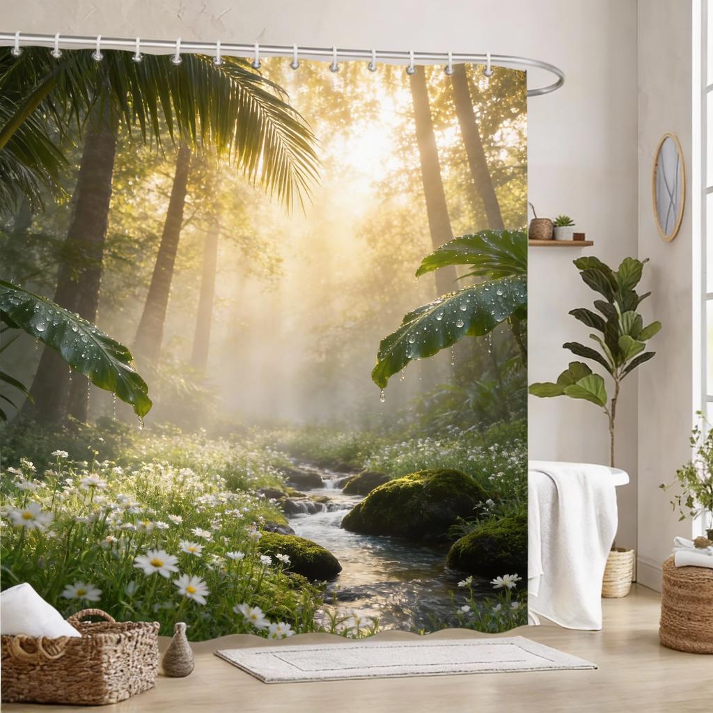 Tropical Paradise Bath Curtain - Lush Palm Trees & Crystal Waterfall, Waterproof Home Decor Adds Exotic Beauty To Your Bathroom