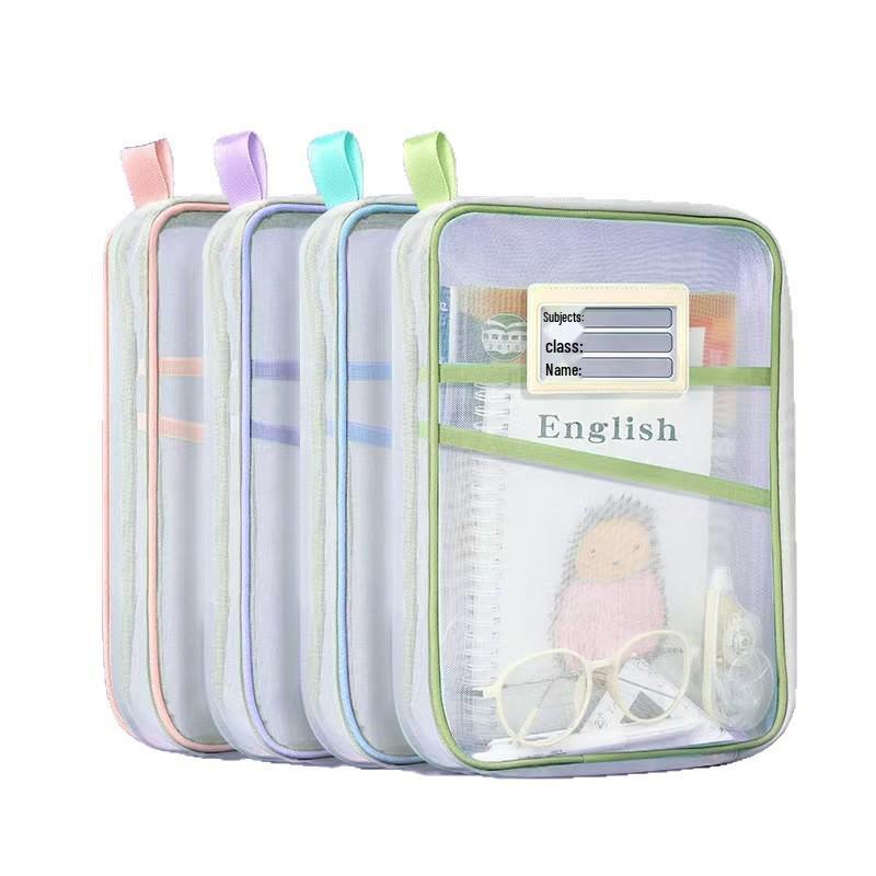 Large Capacity L-Shaped Zippered Nylon Mesh File Bag for Students