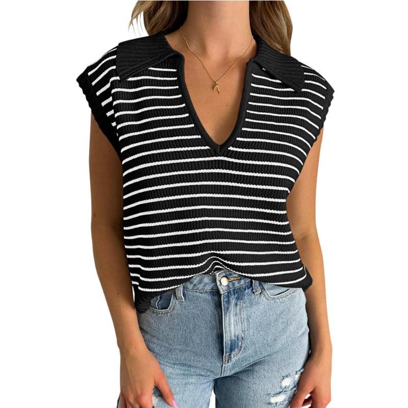 Women's Summer New V-neck Knit Casual Stripe Lapel Sweater Top