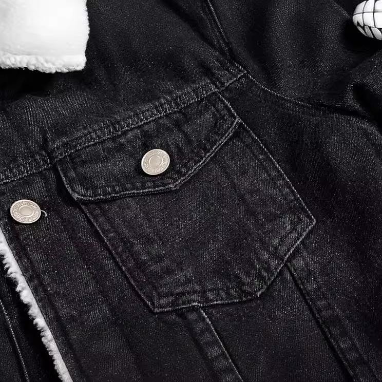 Men's Plus Size Black Denim Jacket with Thick Lambswool Lining
