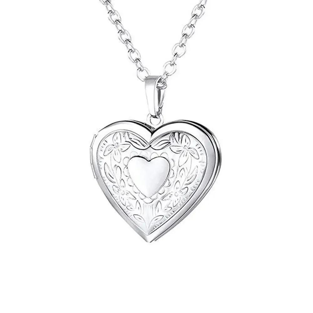 

Diamond Heart Shaped Photo Picture Locket Necklace Romantic Custom Love Secret Message Pendant Necklace For Lover Couples Gift срібний