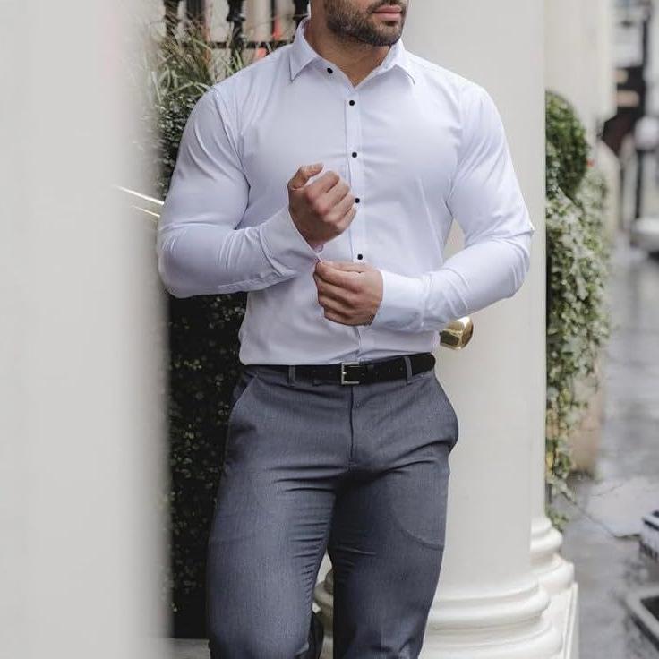 New Men's Business Casual American Shirt Solid Color Lapel Long Sleeve Men's Inch Clothing Premium Sense