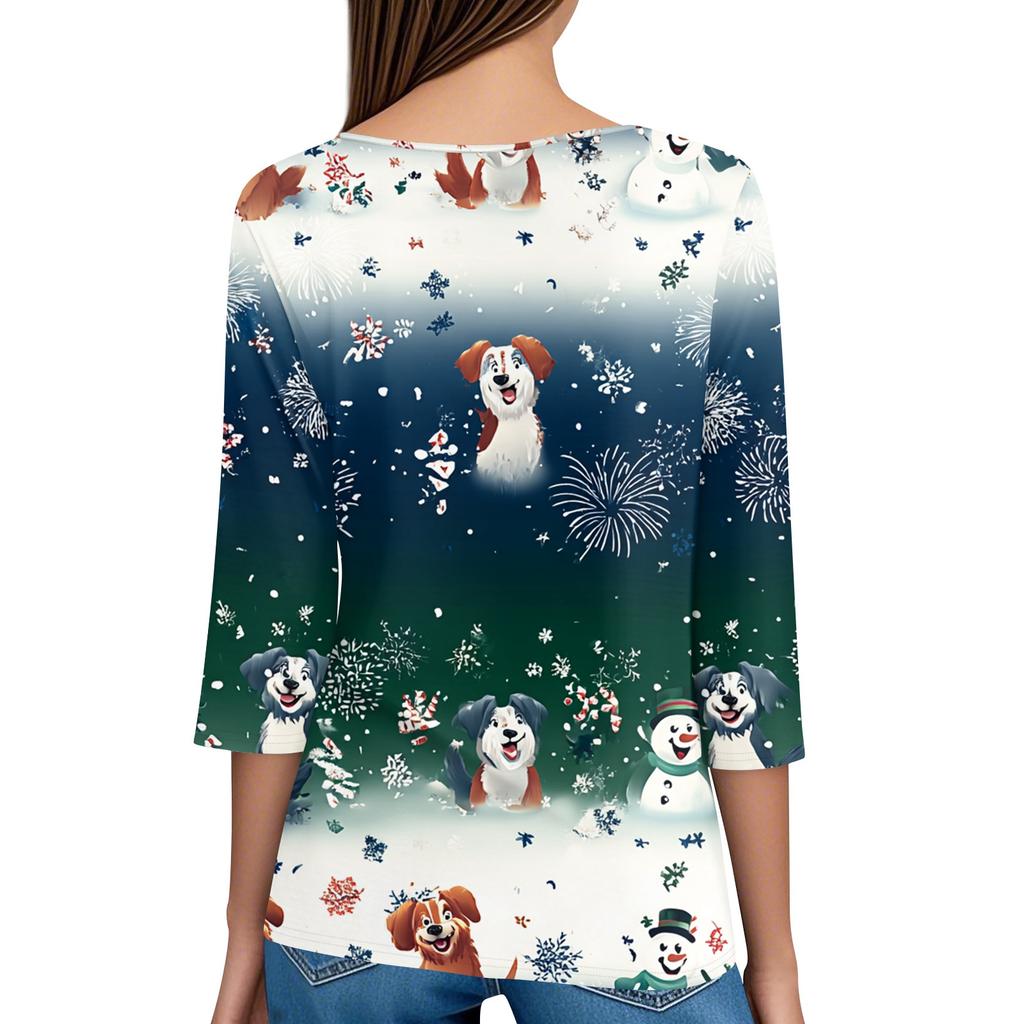 Women's T Shirt Tee Christmas Printed Button 3/4 Sleeve Tunic Daily Weekend Fashion Basic V- Neck Regular Top