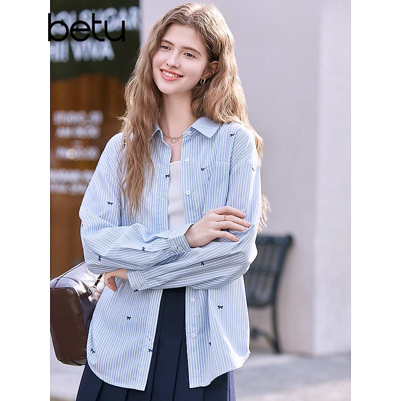 Betu Women's Striped Bow-Knot Print Lapel Shirt Jacket