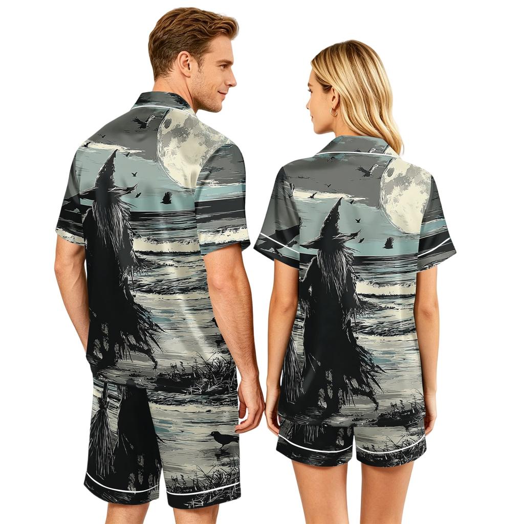 Couple Matching Halloween Pajama Set Short Sleeve Button Down Shirt with Hem and Shorts Set Soft Casual Sleepwear S To XXXXL
