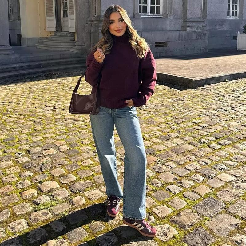 Casual Turtleneck Pullover Women Autumn Winter Dark Red Loose Sweater Female Full Sleeves Solid Color Knitwear Lady All-match Pullovers