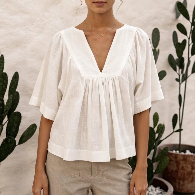 Women Casual Fashion Versatile V Neck Solid Color Shirt