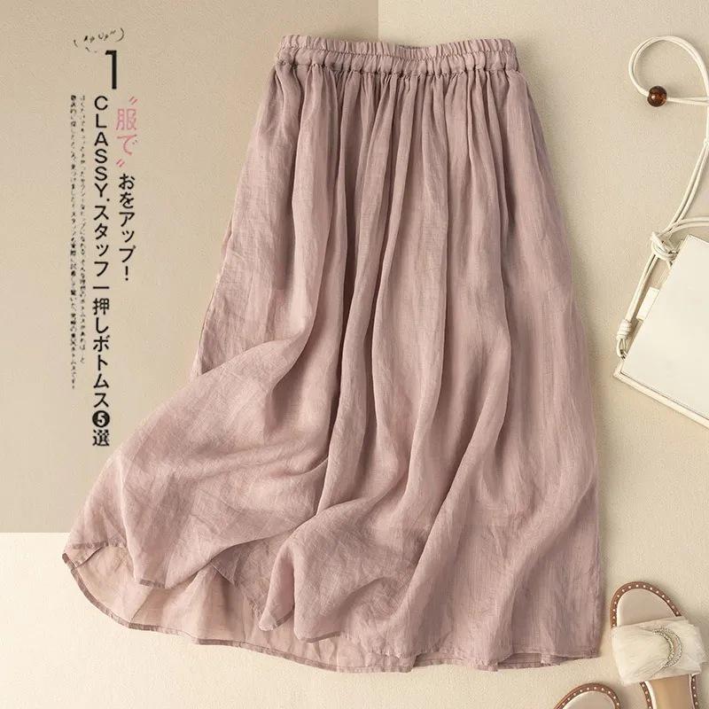 2024 Women's Summer Hanfu Mid-Length Skirt - Retro Cotton/Linen, Hip-Covering, High-End Solid Color Design