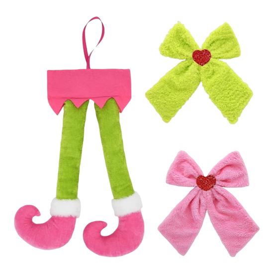 Christmas Bow Hanging Ornament Plush Elf Legs with Red Green Bows for Tree Decor Festive Fun Home Decoration