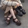 Sandálias Romanas de Couro Genuíno de Verão para Mulheres Plataforma Sola Grossa Estilo Retrô Sapatos com Tira no Tornozelo com Velcro