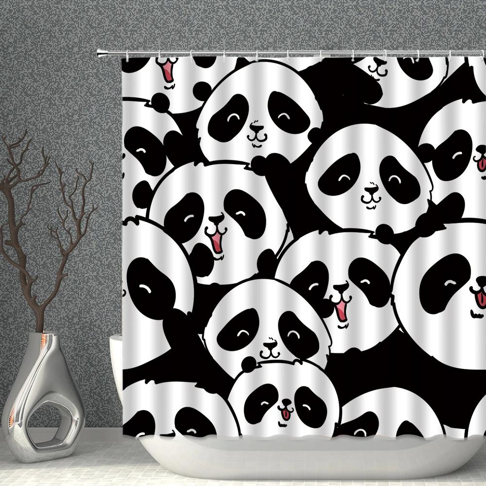 Panda Shower Curtain Set Waterproof Cartoon Lovely Animal White Print Polyester Cloth Bathcurtains Bathroom Screen Bathtub Decor