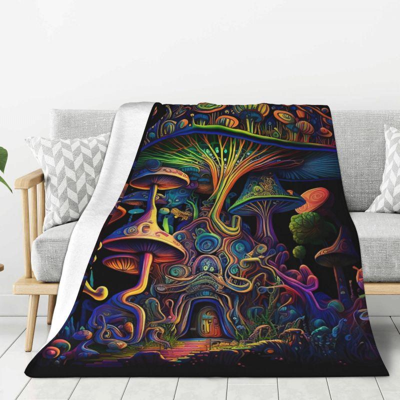 Custom Psychedelic Shroom Elves House Blanket Warm Fleece Soft Flannel Trippy Goth Throw Blankets for Bed Sofa Travel Autumn