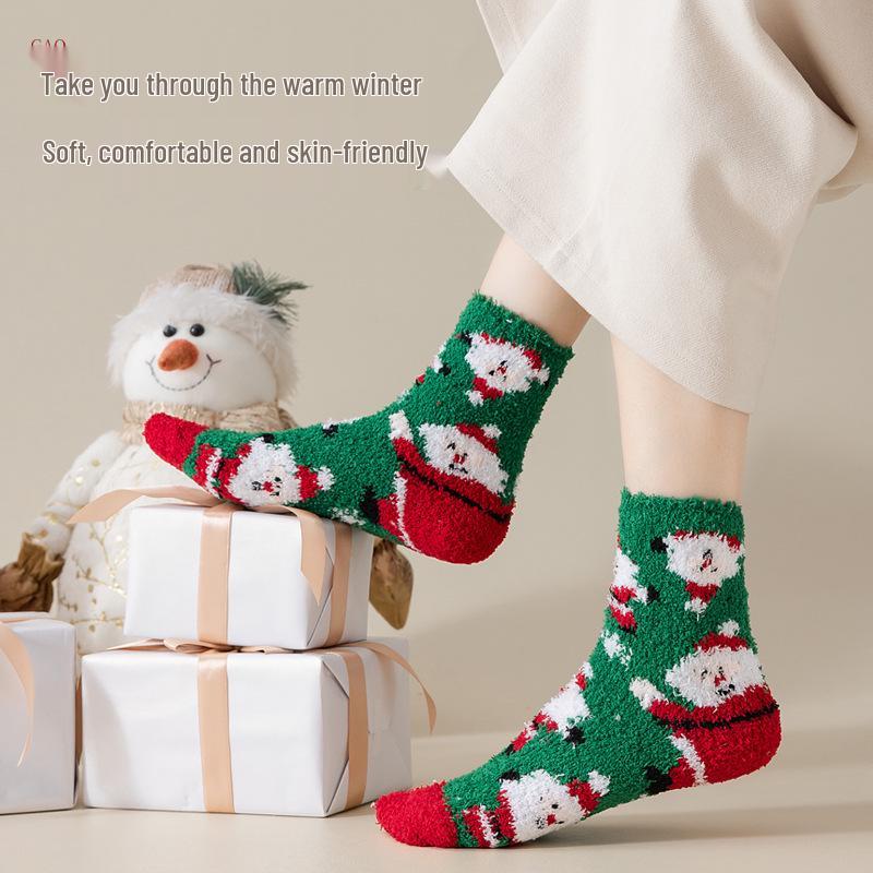 Damen Winter Korallfleece Mid-Calf Socken - Weihnachtsmann & Rentier Design