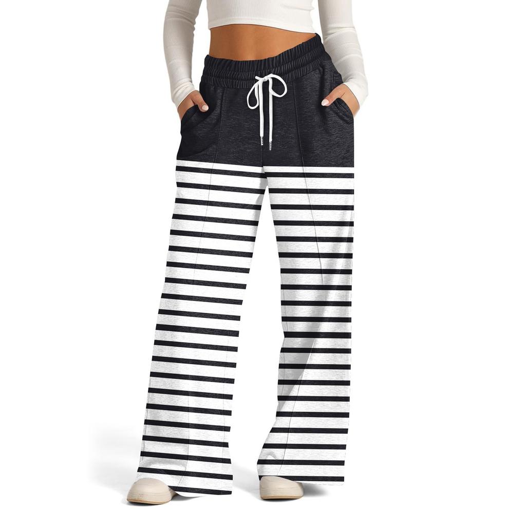 Dámské ležérní kalhoty s širokými nohavicemi s vysokým pasem a pruhovanými sportovními kalhotami