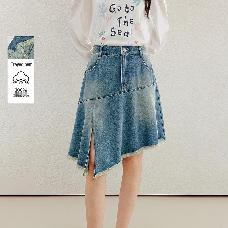 Inman Retro Irregular Raw Hem Denim Skirt S