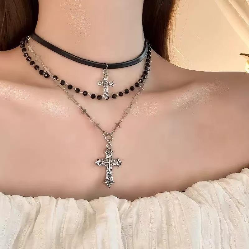 Vintage Gothic Cross Leather Beaded Necklace Multilayer Stacked Chain Niche Clavicle Chain Pendant Accessories