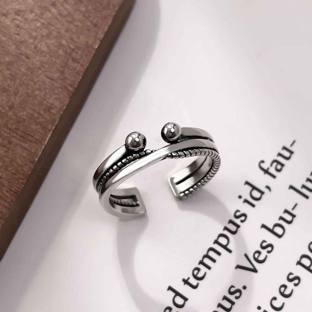 Retro Twisted Round Bead Ring: Women's Thai Silver Open Design