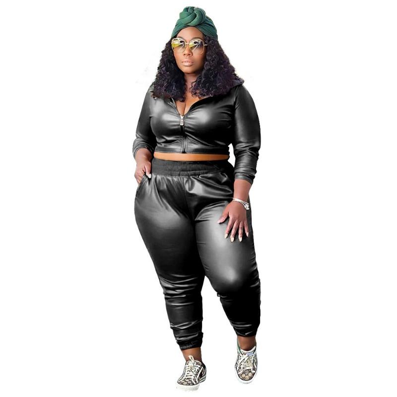 Damen Große Größen Mode Lässig Einfarbig PU-Leder Zweiteiliges Hosen-Set