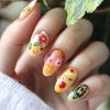 24Pcs Short French Almond Press On Nails With Lemon Flower Design Detachable False Nail Tips For Women