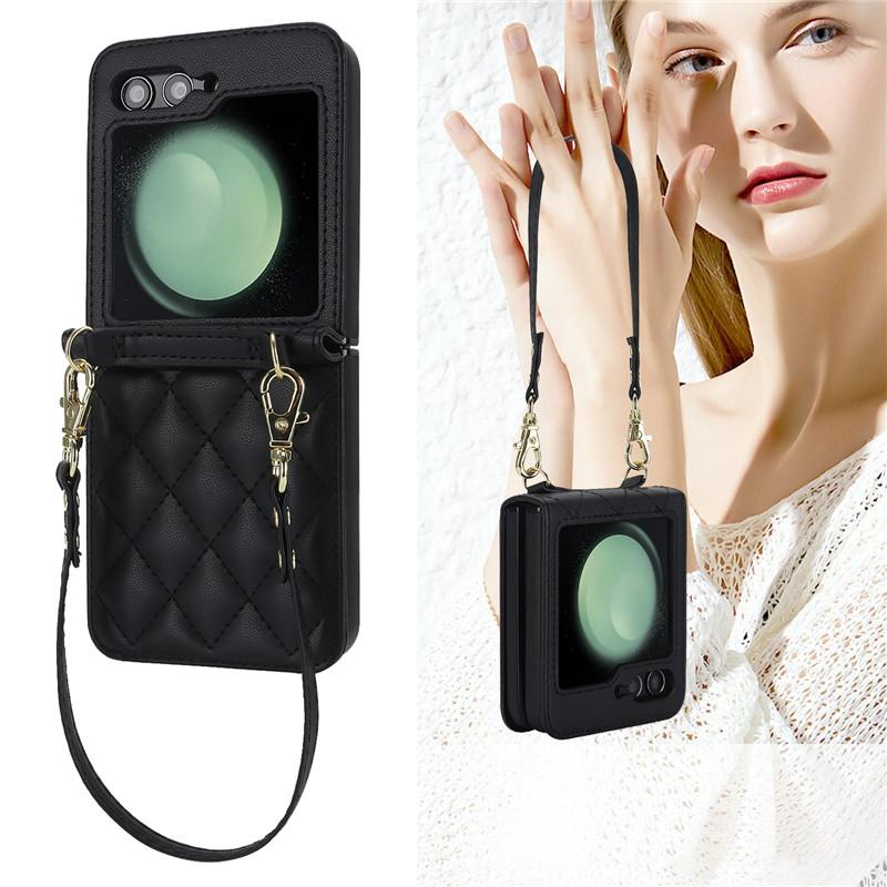 Kožené pouzdro na telefon Long Lanyard Crossbody pro Samsung Galzxy Z Flip 5 4 3 Flip5 Flip4 Flip3 Luxusní obal na lano na zápěstí Hoesje Coque