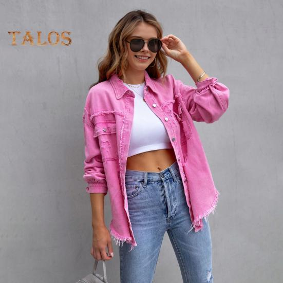 Women Denim Jacket Retro Single-breasted Ripped Hole Turn-down Collar Long Sleeves Solid Color Flap Pockets Lady Coat Commuting Shopping Coat