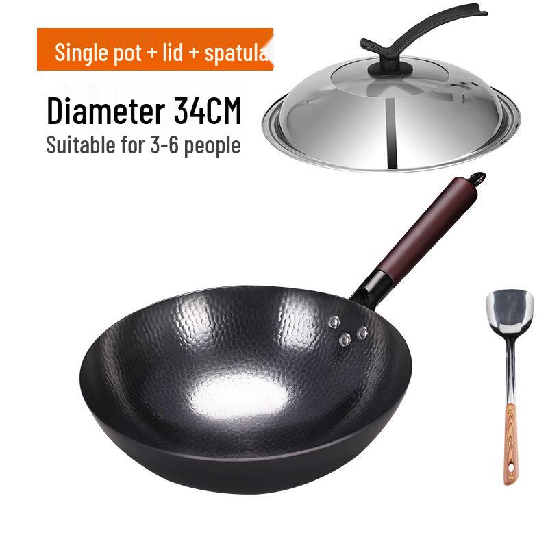 Zhangqiu Hand-Hammered Uncoated Non-Stick Wrought Iron Stir-Fry Wok with Spatula