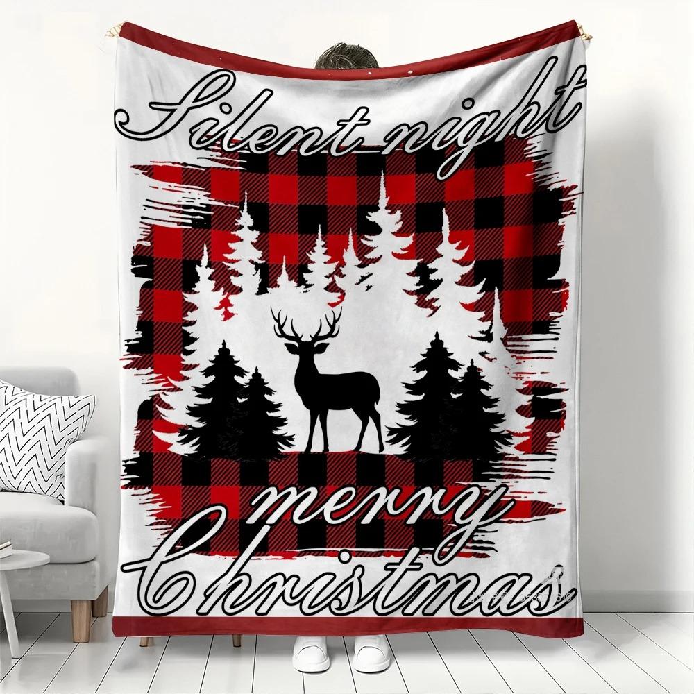 Silent Night Merry Christmas  Plaid Blanket Red Black Buffalo Check e Blanket with Deer Decor Gift Christmas Enthusiasts 70x100cm
