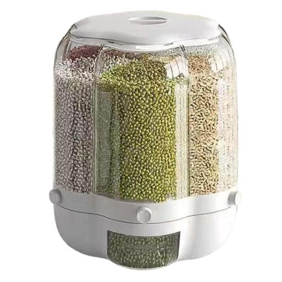 Rotating Grain Storage Bin Large Capacity 6 Grids Design Moisture-Proof Transparent Rice Container Cereal Dispenser Bucket