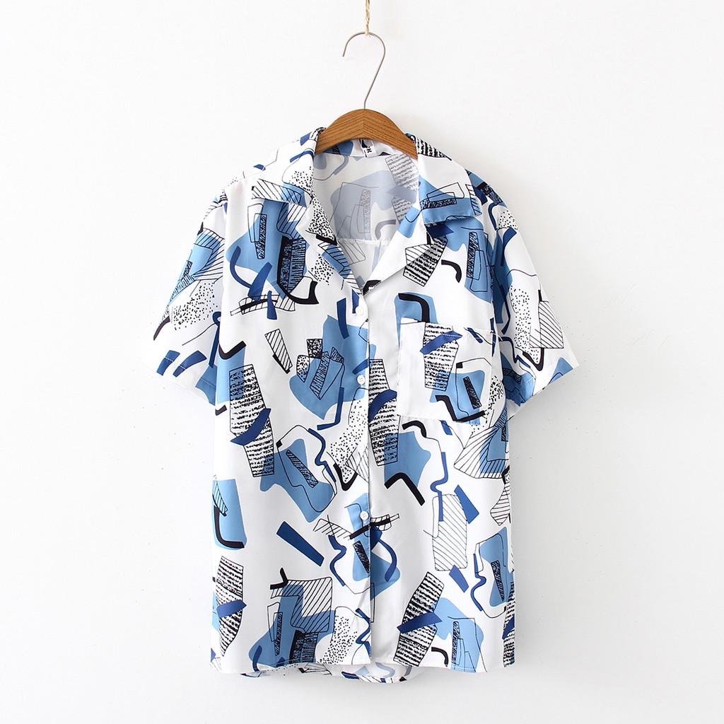 

Women Fashion Short Sleeve Vintage Print Korean Shirt Casual Loose Blouse