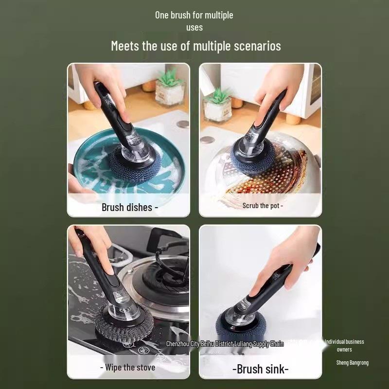 Long Handle Dishwashing Brush with Automatic Liquid Dispensing, Sponge, and Steel Wire for Pot Cleaning