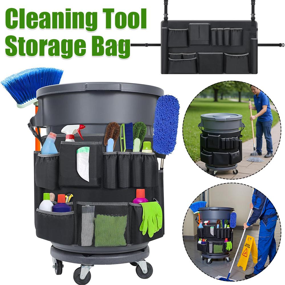 Trash Can Caddy Bag Adjustable Buckle Trash Bin Covers Large Capacity Cleaning Supplies Organizer Bag for 32-55 Gallon Porch