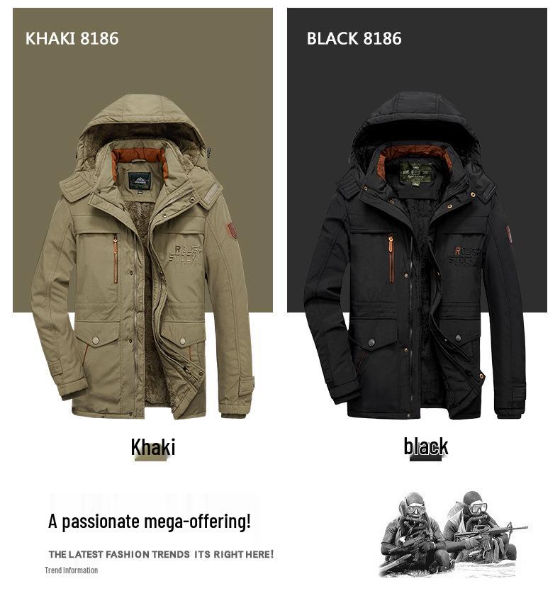 Men's Fleece-Lined Cotton Jacket: Winter Casual, Multi-Pocket, Cold-Resistant, Mid-Length Coat for Middle-Aged and Elderly