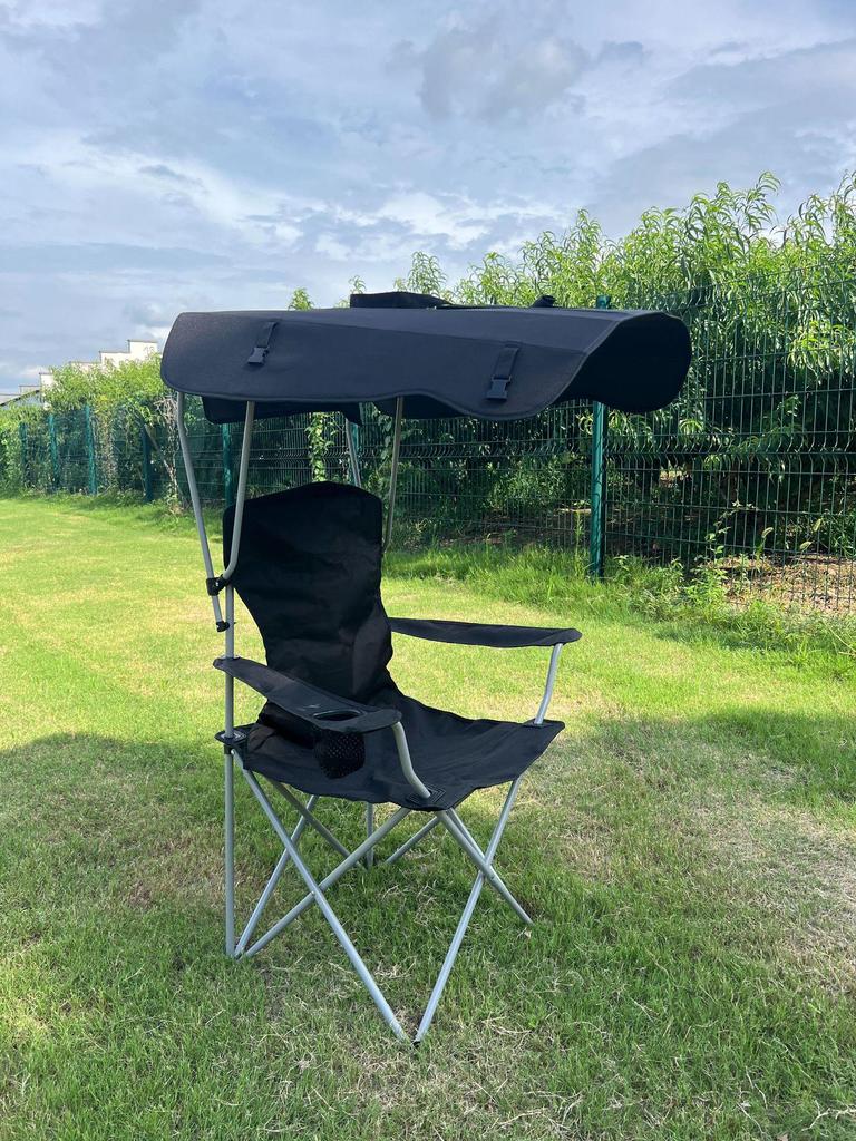 Portable Folding Beach Chair with Sunshade Canopy - Ideal for Camping, Fishing, and Picnics, Carbon Steel Frame, Compact Stool Design