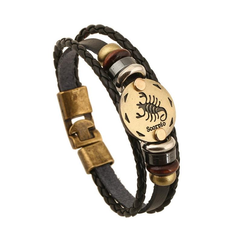 12 Constellations Multi Layers Leather Cuff Chain Bracelet Jewelry for Women Men Birthday Valentines