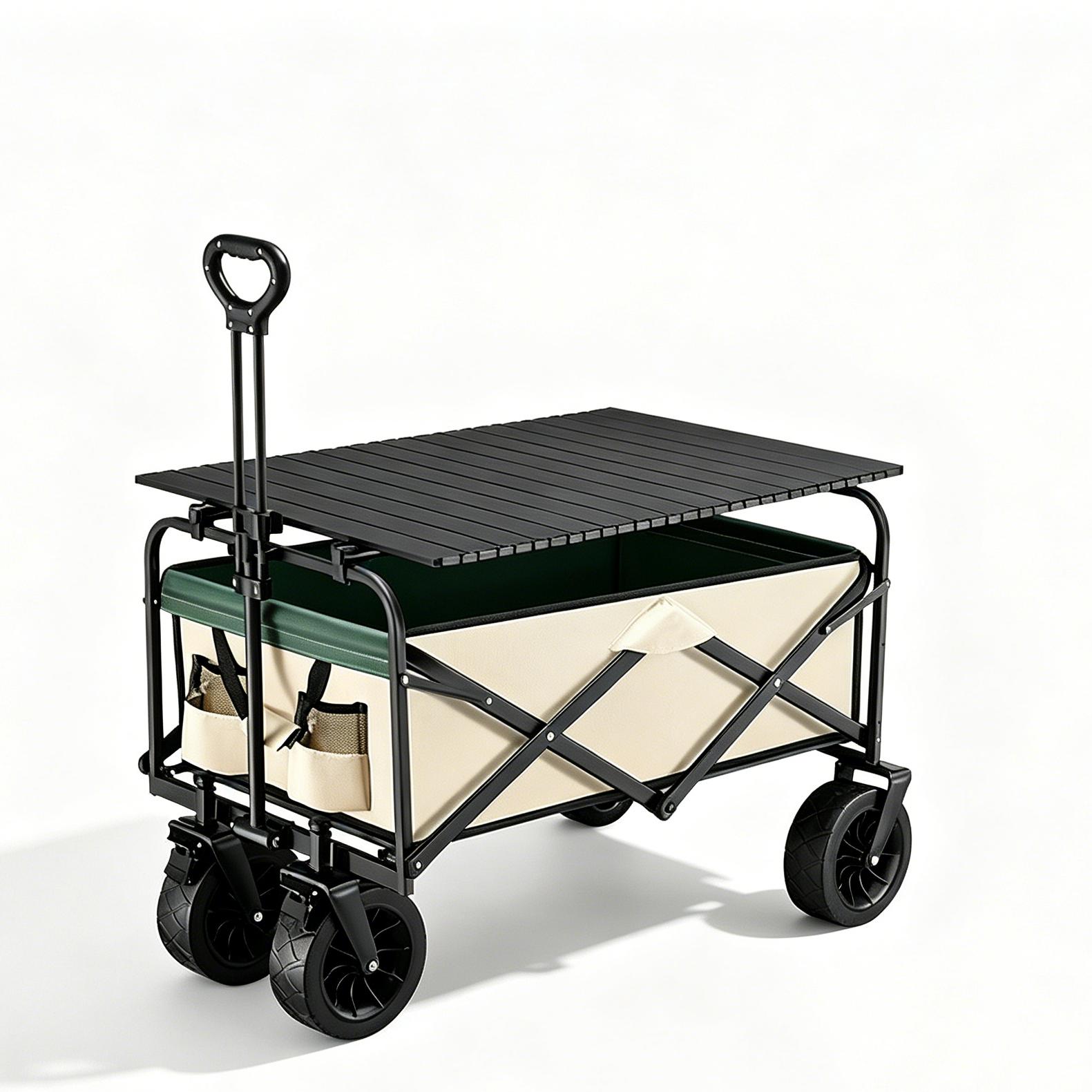 Camping Foldable Wagon With Table Board Quiet Wheels 600D Oxford Steel Frame Removable Fabric Cover 53X87CM,Quiet PU Brakes Wheels хаки
