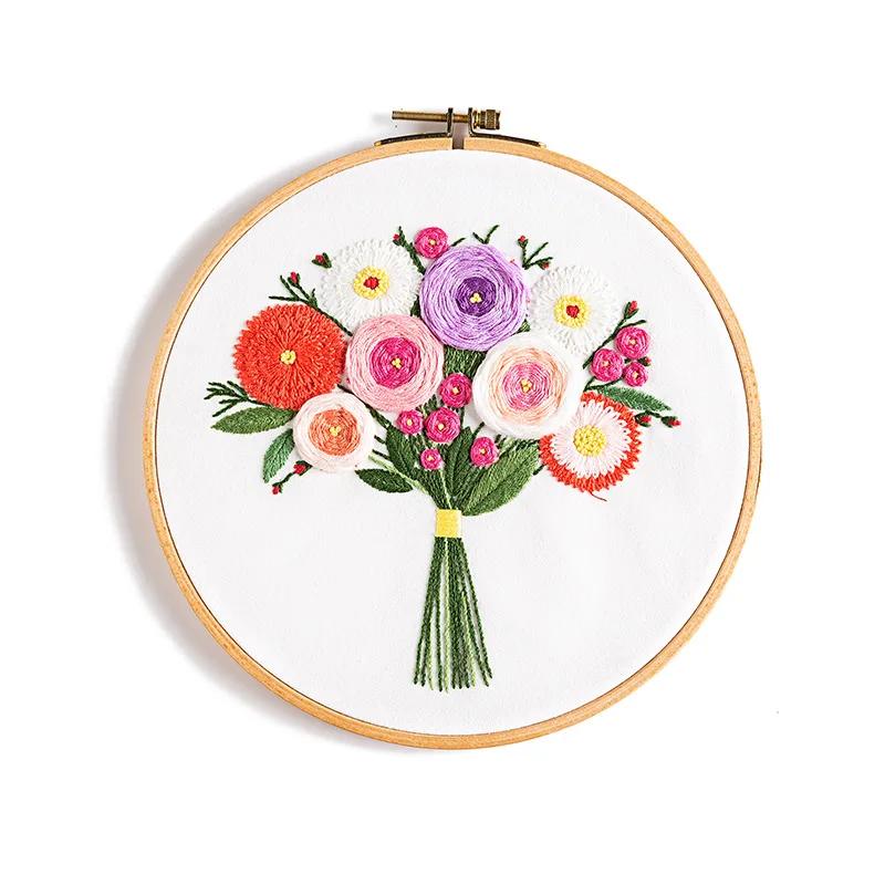 DIY Flowers Plants Pattern Embroidery Set Needlework Tools, Printed Beginner Embroidery Round Cross Stitch Kit Sewing Craft Kit