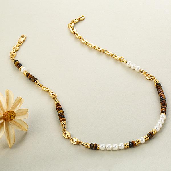 Tiger's Eye Stone Necklace Versatile Maillard Premium Summer Clavicle Chain Vintage Pearl Niche Necklace Pendant