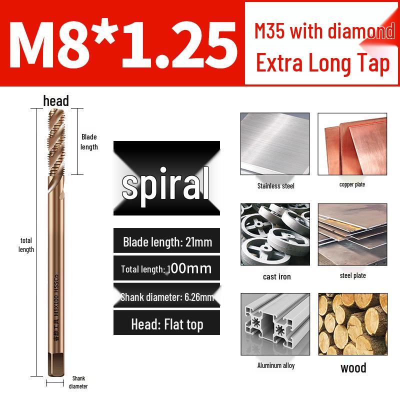 Titanium Coated Cobalt Straight Flute Extra Long Tap for Stainless Steel, Sizes M3-M8