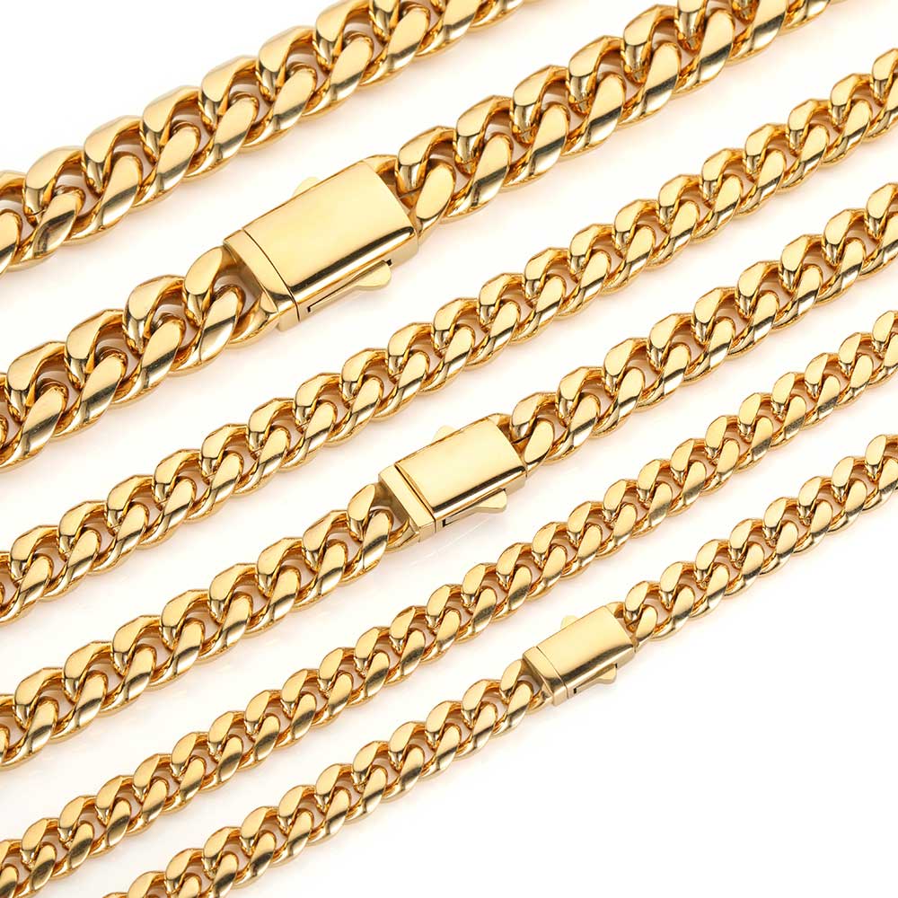 Hoge Kwaliteit Breedte 8-14mm Roestvrij Staal Goudkleurige Cubaanse Ketting Waterdicht Mannen Vrouw Curb Link Ketting Verschillende Maten