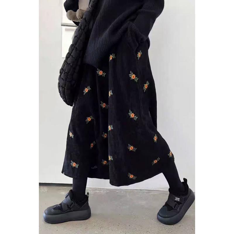 Vintage Braune Cordrock für Damen Röcke Herbst Bestickter Floral A-Linie Rock Süß Altersreduzierend Langes Kleid