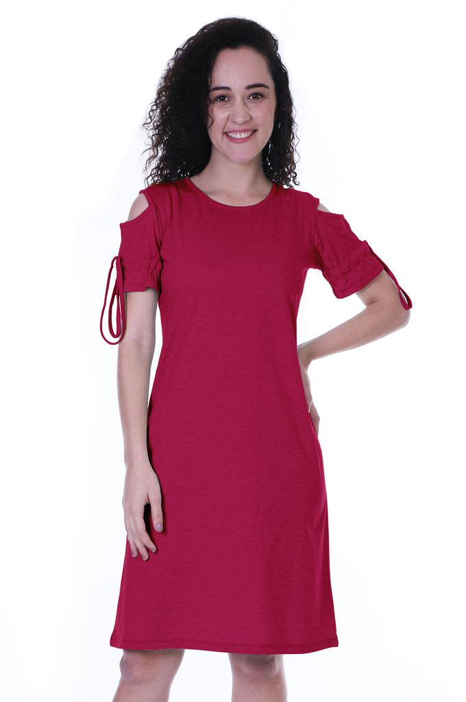 Moomaya Cold Shoulder T-shirt Dress Round Neck Casual Knee Length Summer Dresses For