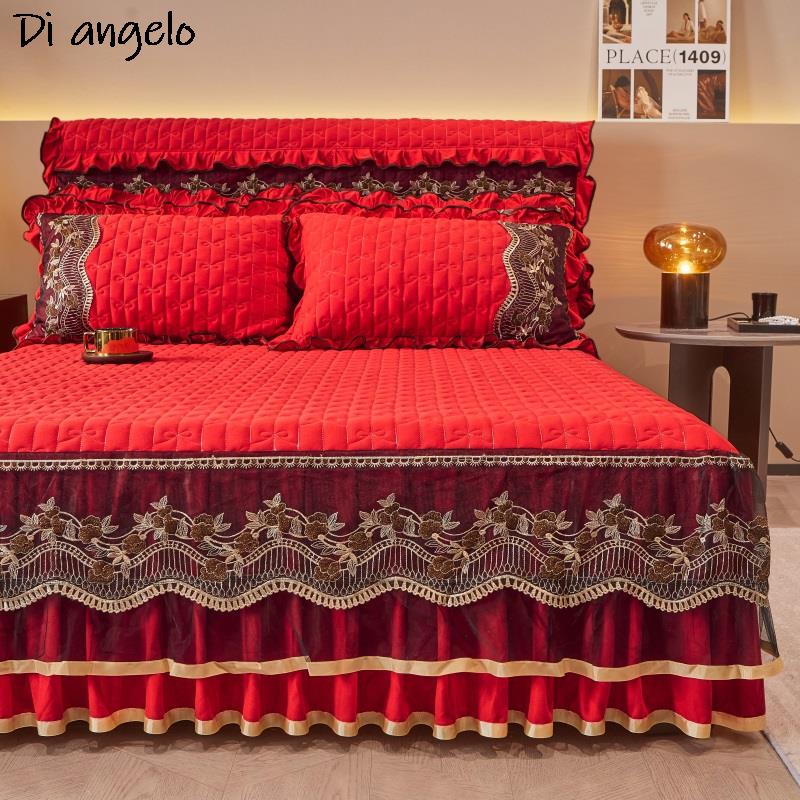1PC 180x200cm Farai Velvet Thickened Quilting Bed Skirt Embroidery Cotton Bedspread Pillowcase Mattress Cover King Queen #/L