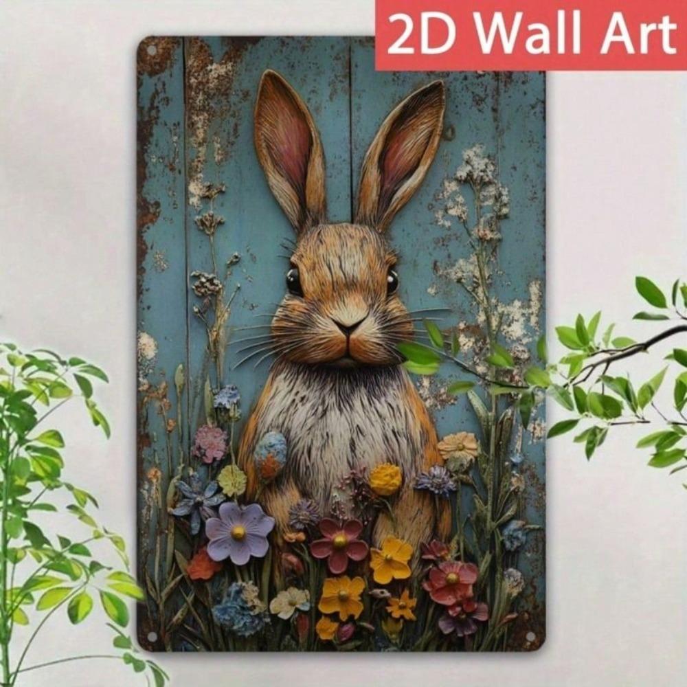 Metal Wall Art Poster, Easter Bunny with Flowers, Living Room Decor