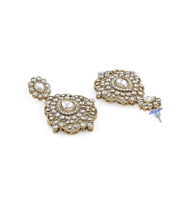 Antique Gold Tone Dazzling Stones Necklace Earring & Maangtikka Set For Women